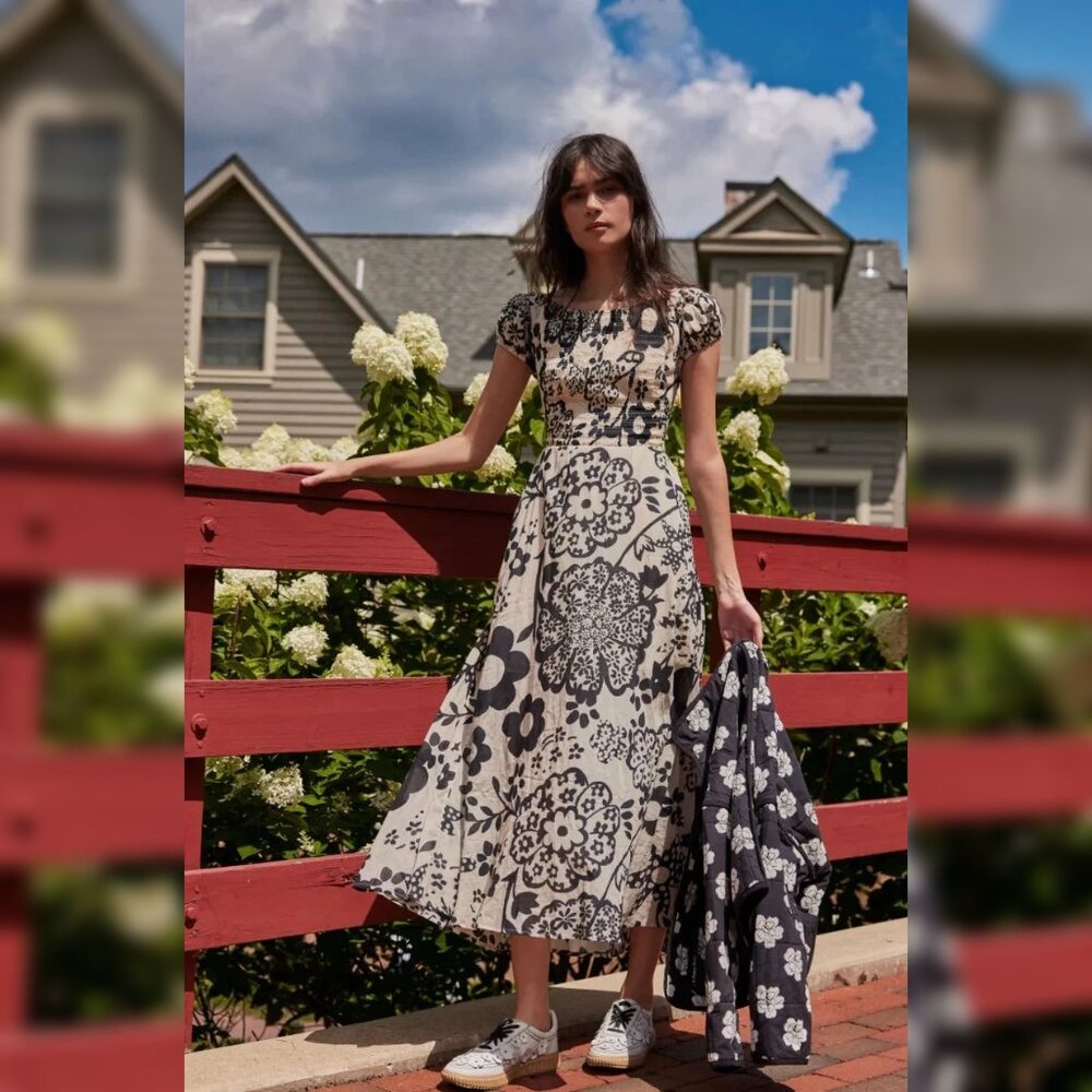 Free People Ultraviolet Dress Monochrome L 10 Women's Smocked Maxi NEW 44616